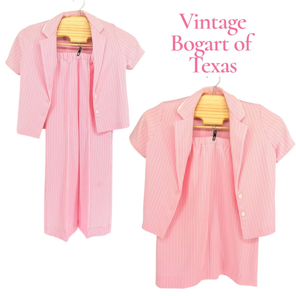 Bogart of Texas 3-Piece Suit Set 14 Pink Pinstripe Blazer Pant Skirt Vintage